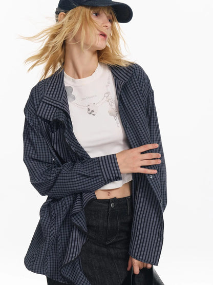 Hollow Embroidered Checkered Shirt with Irregular Ruffle and Adjustable Waist