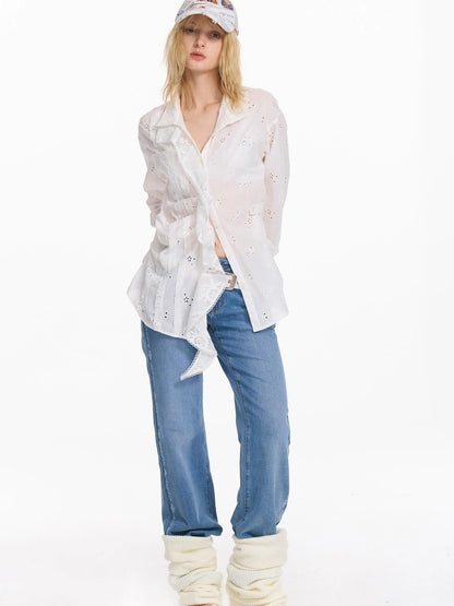 Hollow Embroidered Checkered Shirt with Irregular Ruffle and Adjustable Waist