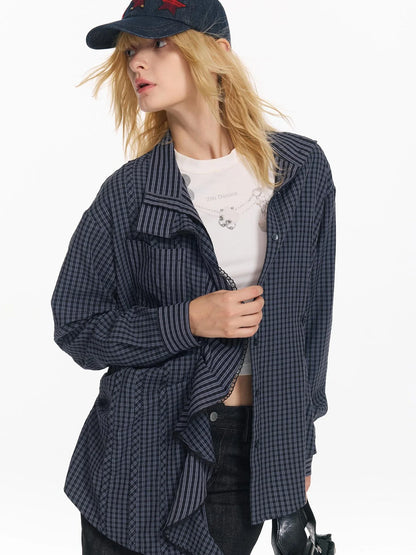 Hollow Embroidered Checkered Shirt with Irregular Ruffle and Adjustable Waist