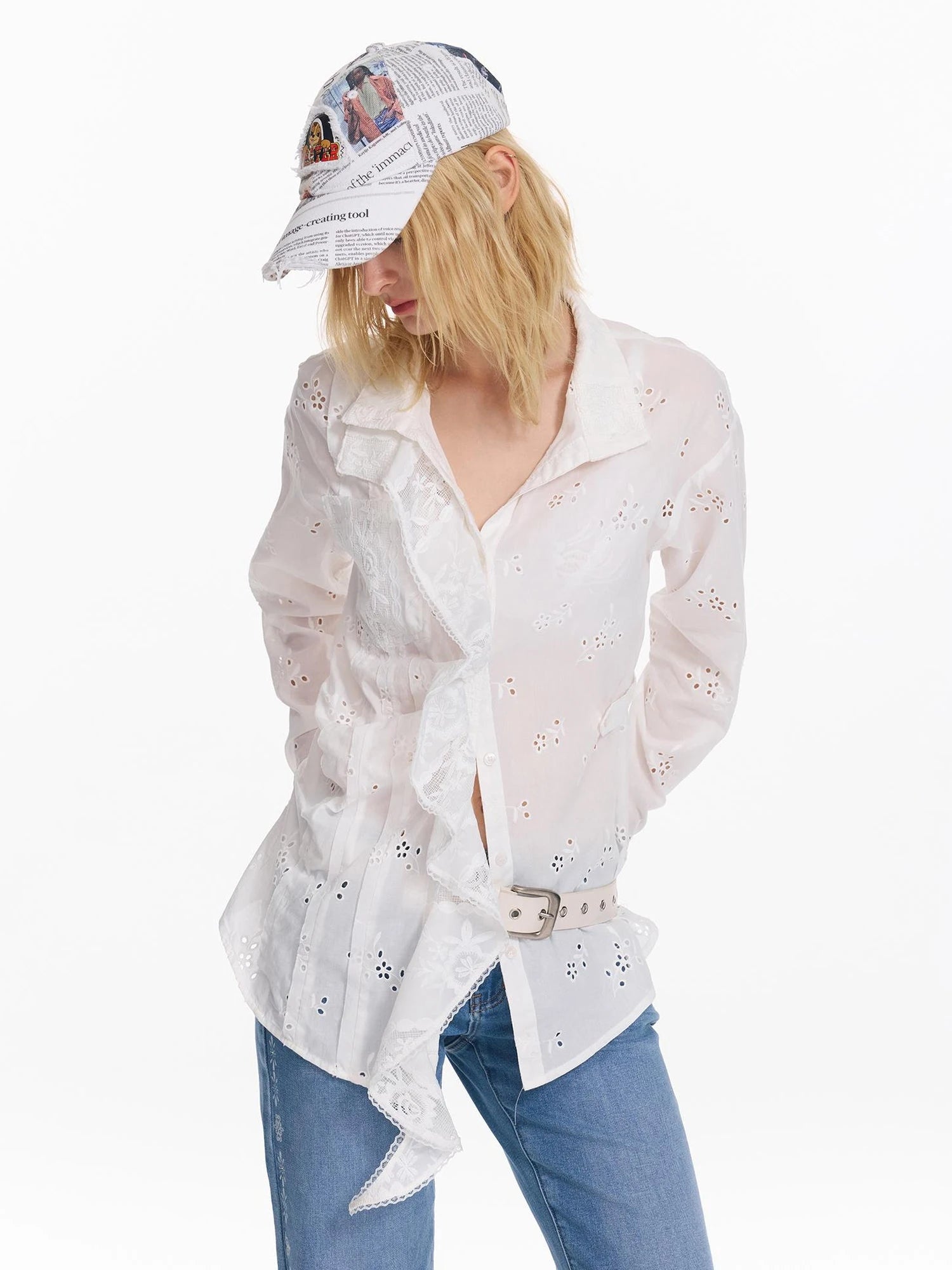 Hollow Embroidered Checkered Shirt with Irregular Ruffle and Adjustable Waist