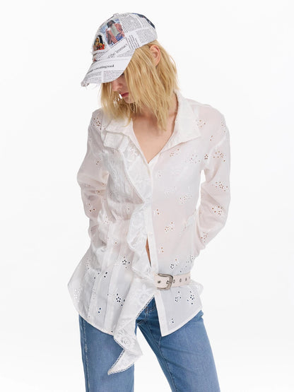 Hollow Embroidered Checkered Shirt with Irregular Ruffle and Adjustable Waist