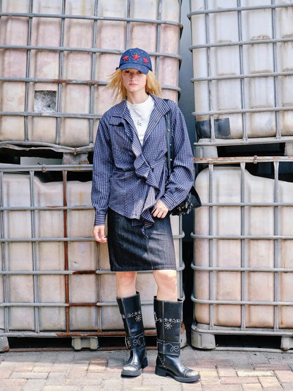 Hollow Embroidered Checkered Shirt with Irregular Ruffle and Adjustable Waist