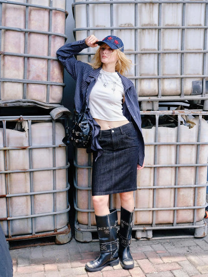 Hollow Embroidered Checkered Shirt with Irregular Ruffle and Adjustable Waist
