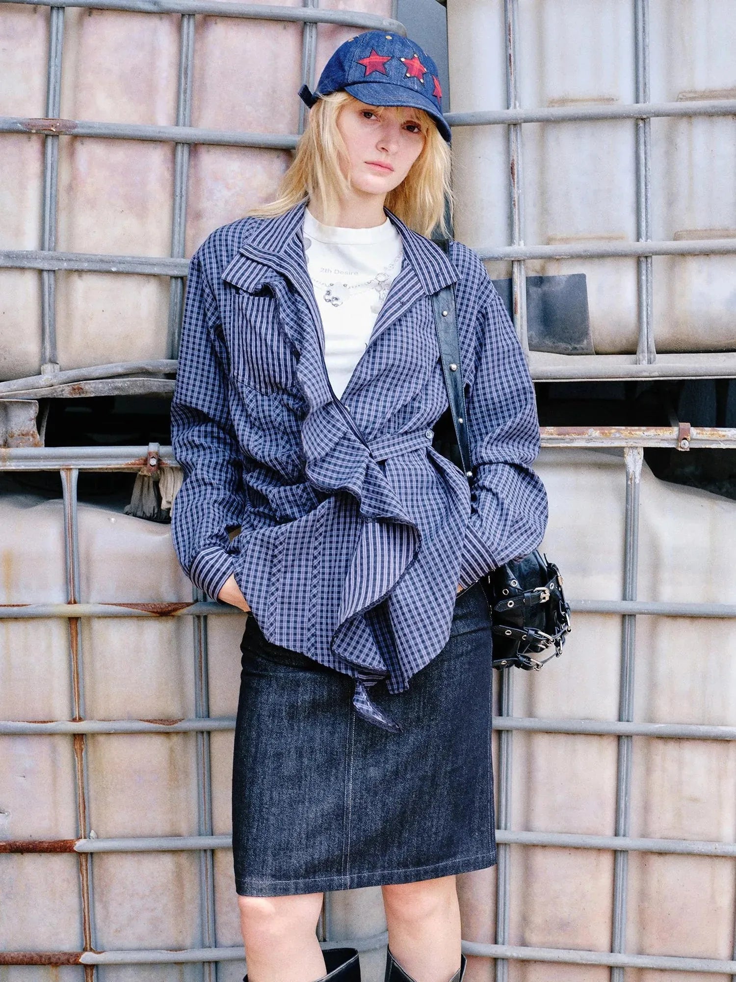 Hollow Embroidered Checkered Shirt with Irregular Ruffle and Adjustable Waist