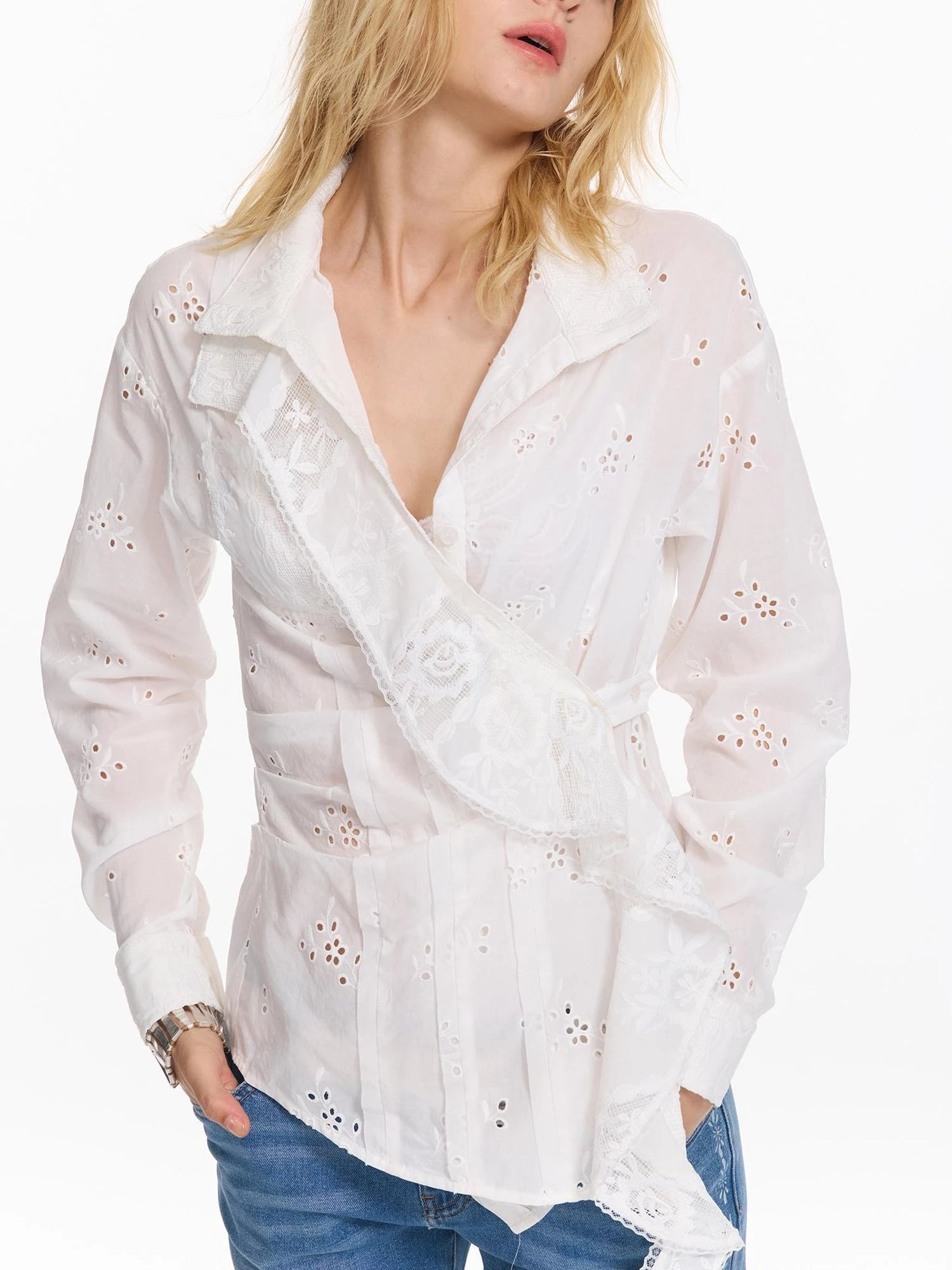 Hollow Embroidered Checkered Shirt with Irregular Ruffle and Adjustable Waist