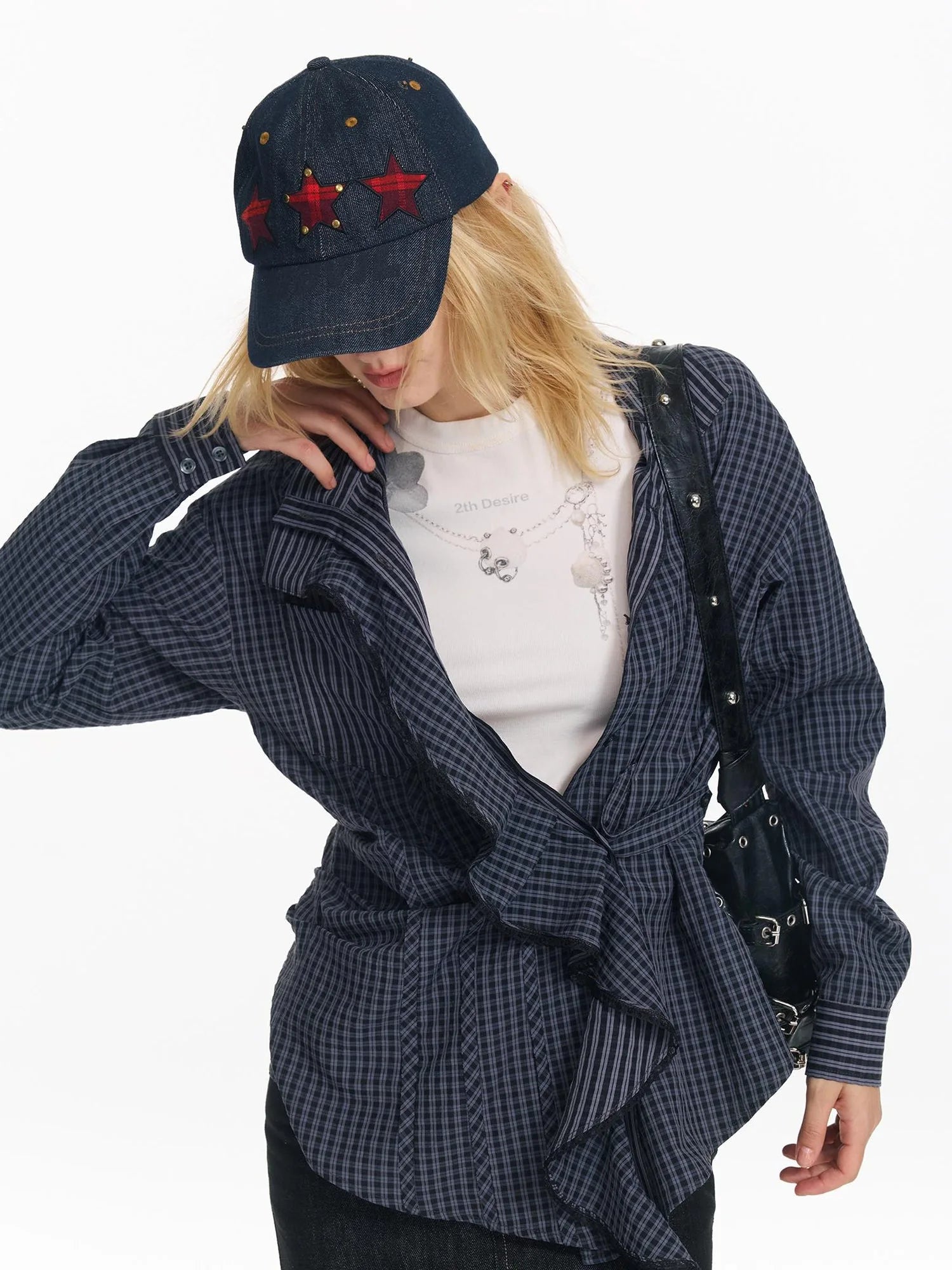 Hollow Embroidered Checkered Shirt with Irregular Ruffle and Adjustable Waist