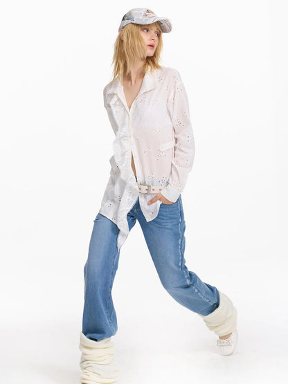 Hollow Embroidered Checkered Shirt with Irregular Ruffle and Adjustable Waist