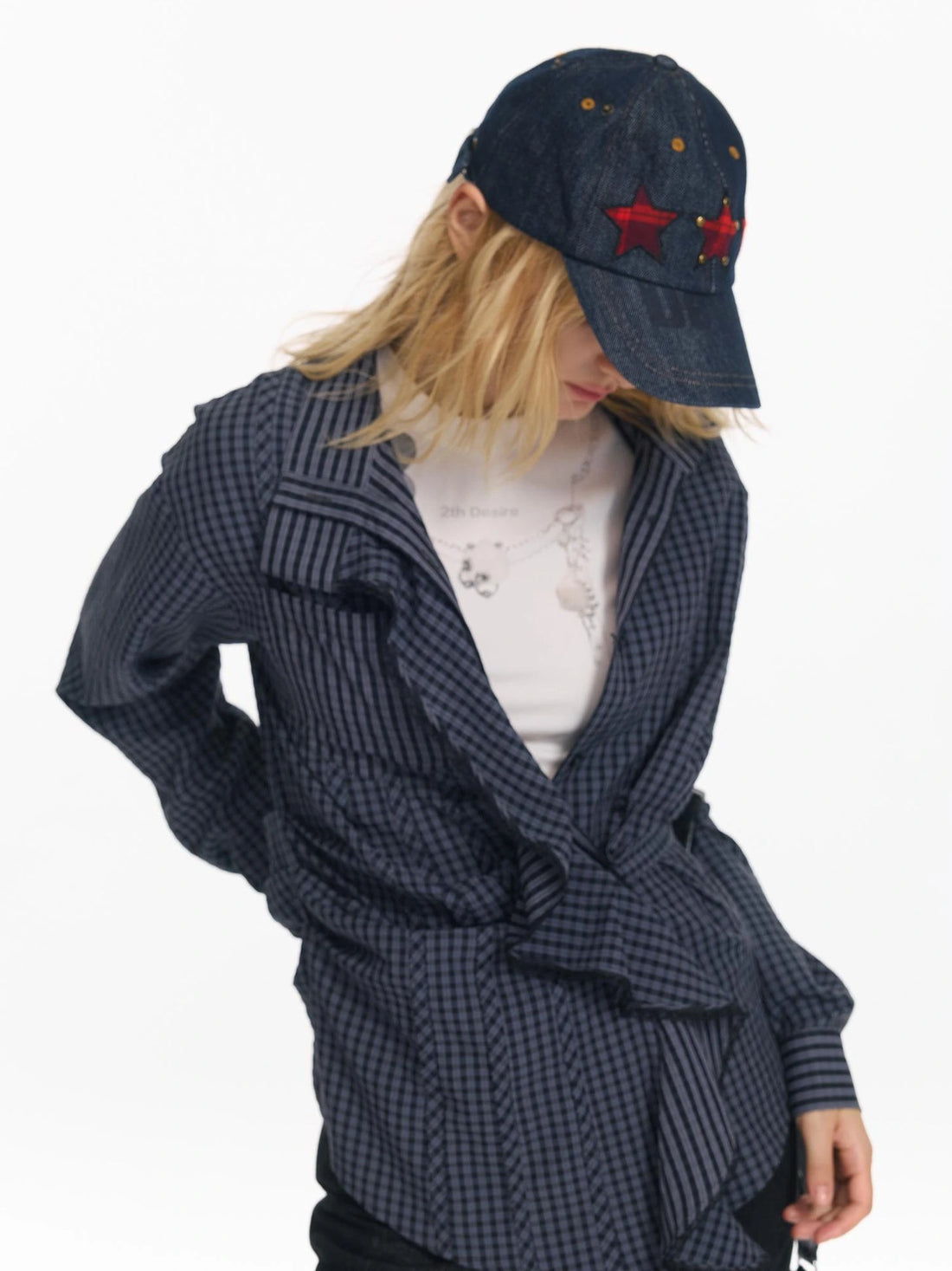 Hollow Embroidered Checkered Shirt with Irregular Ruffle and Adjustable Waist