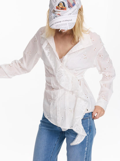 Hollow Embroidered Checkered Shirt with Irregular Ruffle and Adjustable Waist