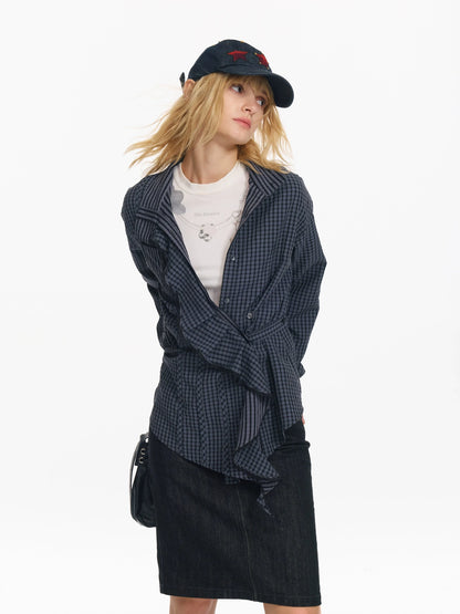 Hollow Embroidered Checkered Shirt with Irregular Ruffle and Adjustable Waist