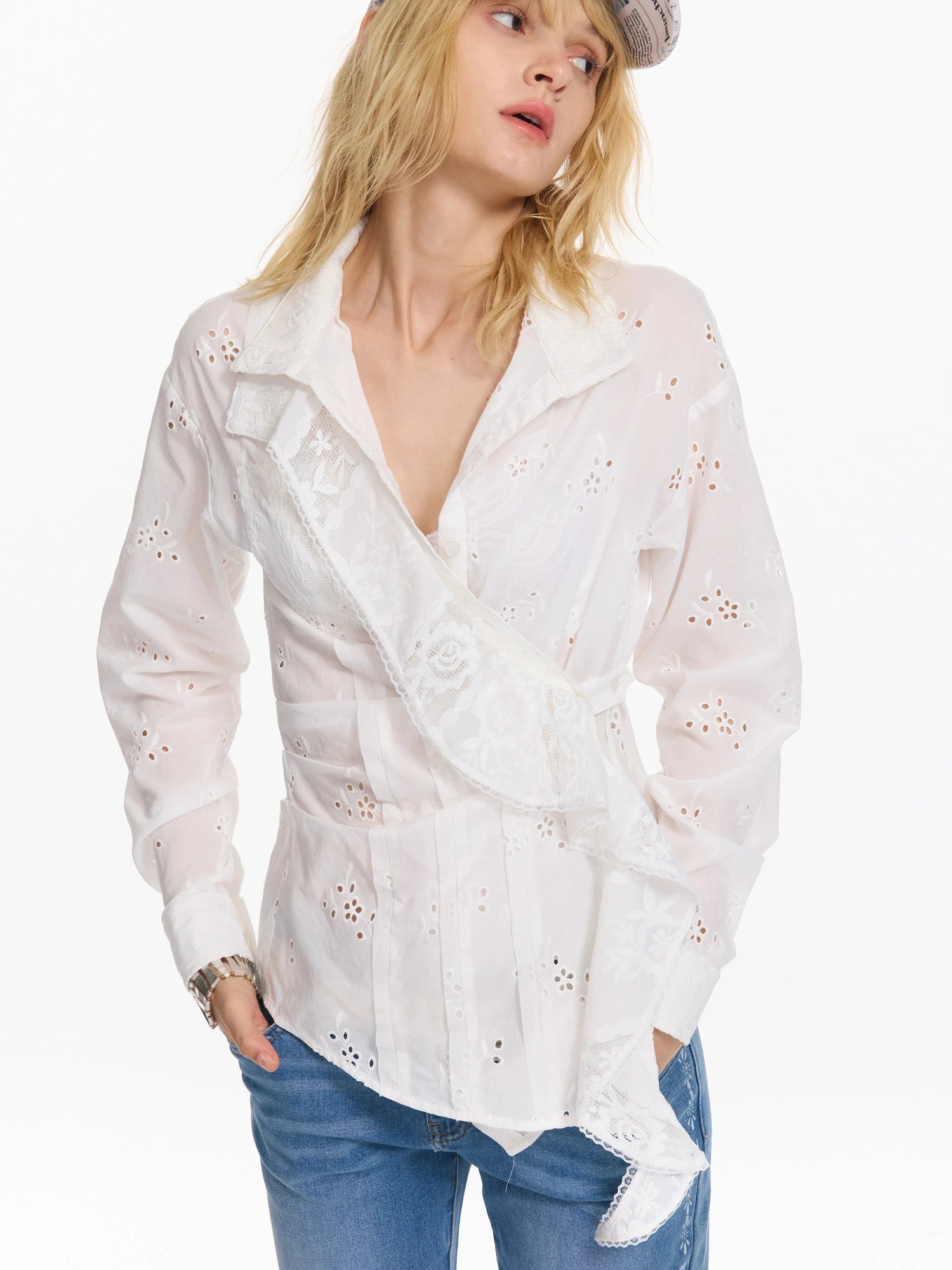 Hollow Embroidered Checkered Shirt with Irregular Ruffle and Adjustable Waist