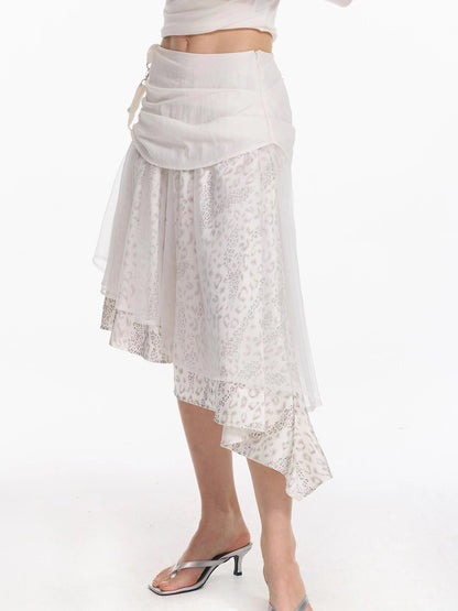Irregular Leopard Mesh Skirt With Sheer Shimmering Layers