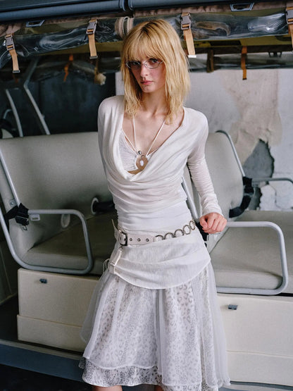 Irregular Leopard Mesh Skirt With Sheer Shimmering Layers