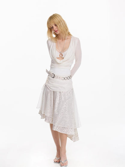 Irregular Leopard Mesh Skirt With Sheer Shimmering Layers