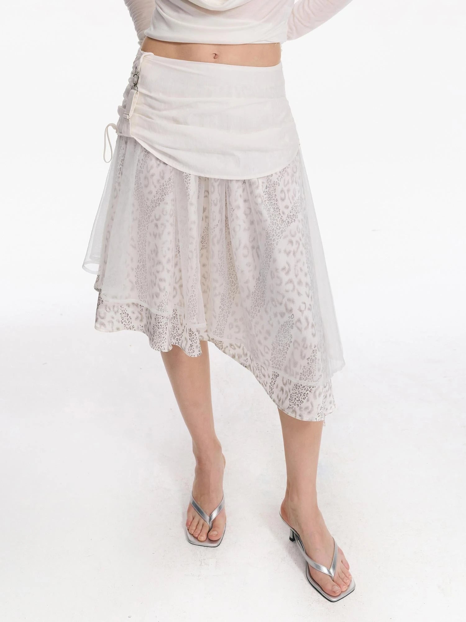Irregular Leopard Mesh Skirt With Sheer Shimmering Layers