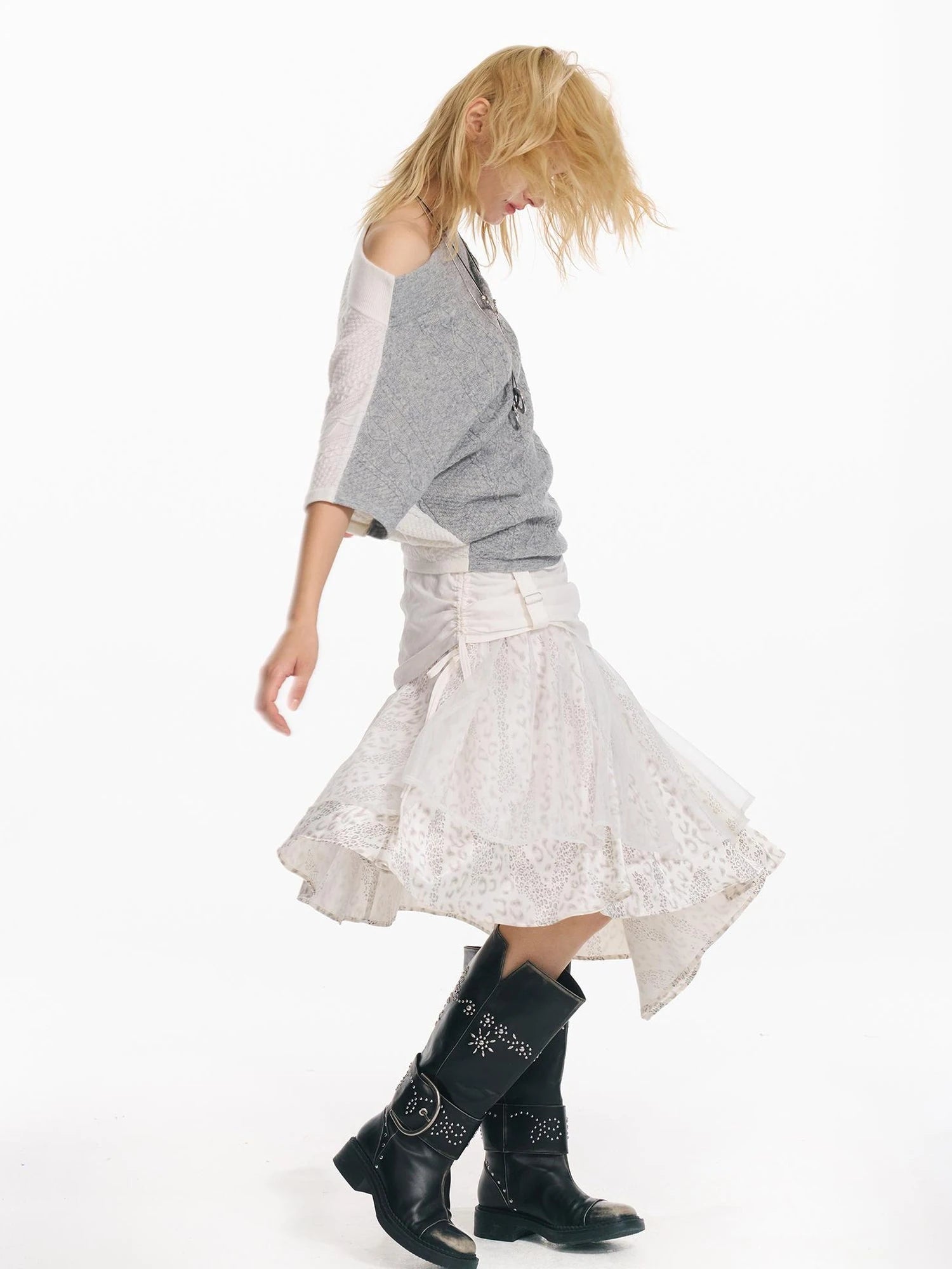 Irregular Leopard Mesh Skirt With Sheer Shimmering Layers