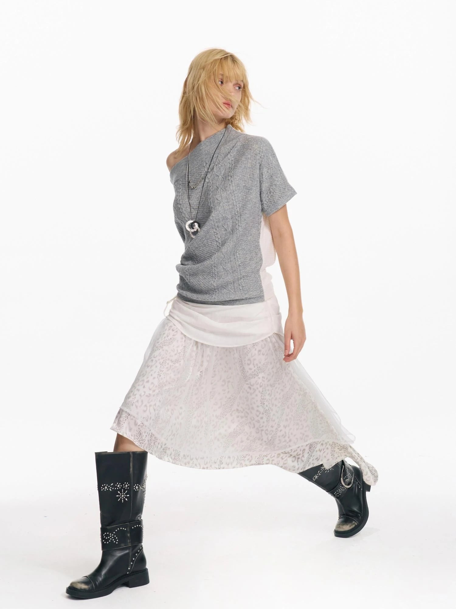 Irregular Leopard Mesh Skirt With Sheer Shimmering Layers