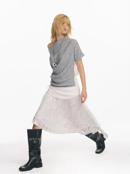Irregular Leopard Mesh Skirt With Sheer Shimmering Layers