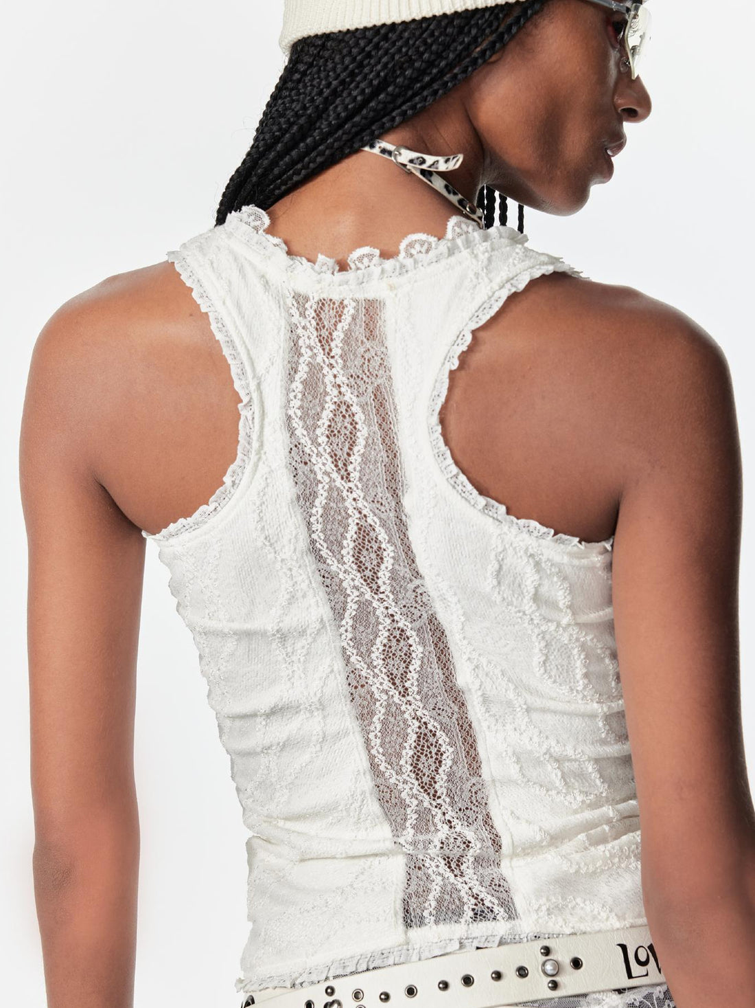 2th Desire Lace Cutout Glitter Backless Stretch Cami Top