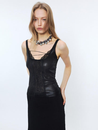 2th Desire Lace Fitted Square Neck Cropped Cami For Women Stretch Tank Tops
