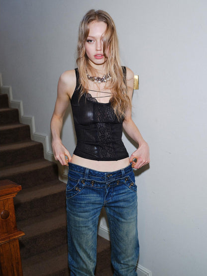 2th Desire Lace Fitted Square Neck Cropped Cami For Women Stretch Tank Tops