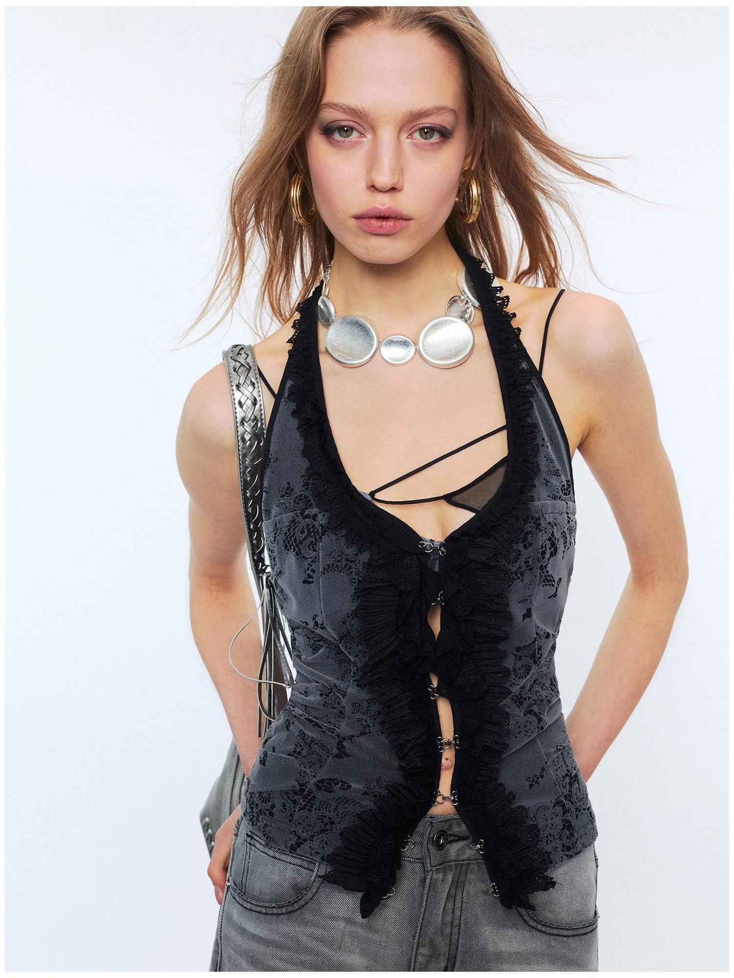 2th Desire Lace Halter Slim Fit U Neck Cropped Zipper Micro Stretch Black Gray Tank Tops