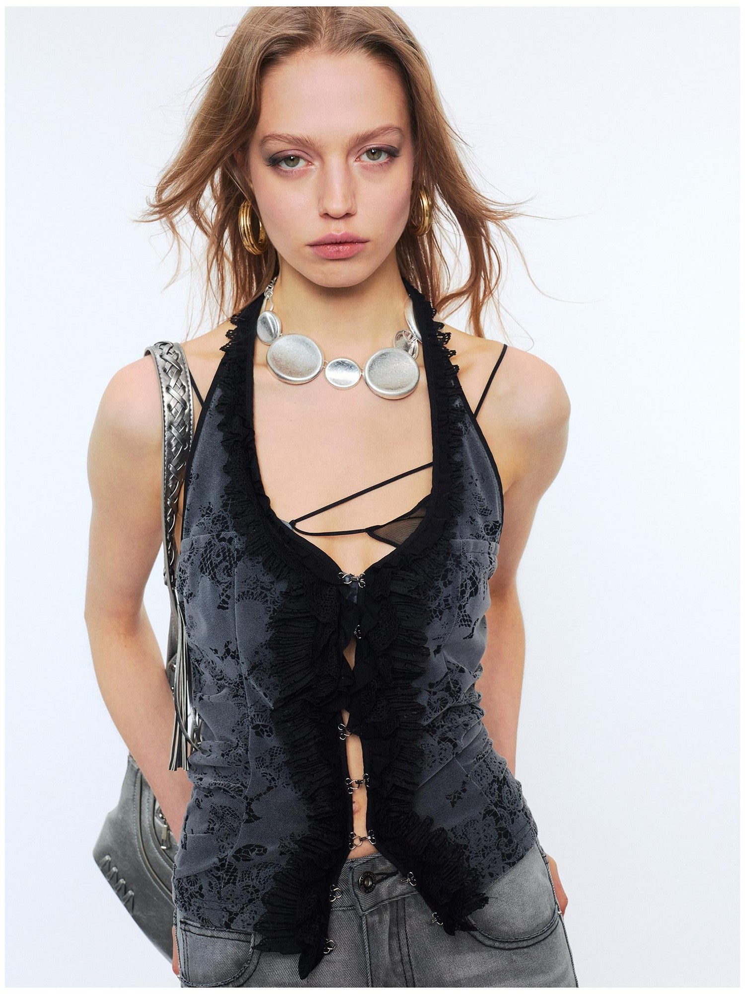 2th Desire Lace Halter Slim Fit U Neck Cropped Zipper Micro Stretch Black Gray Tank Tops
