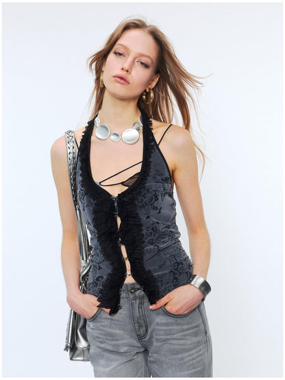 2th Desire Lace Halter Slim Fit U Neck Cropped Zipper Micro Stretch Black Gray Tank Tops
