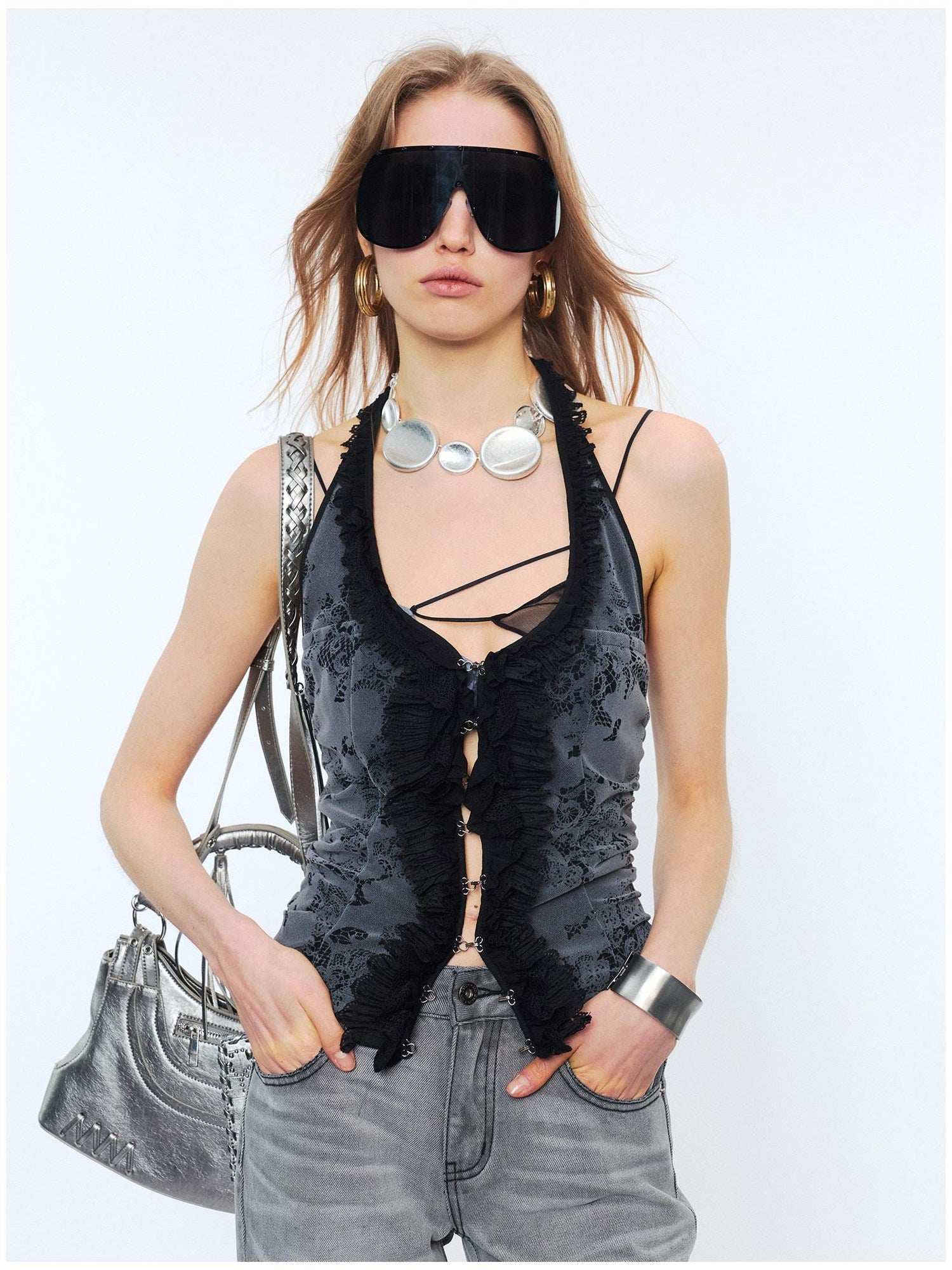 2th Desire Lace Halter Slim Fit U Neck Cropped Zipper Micro Stretch Black Gray Tank Tops