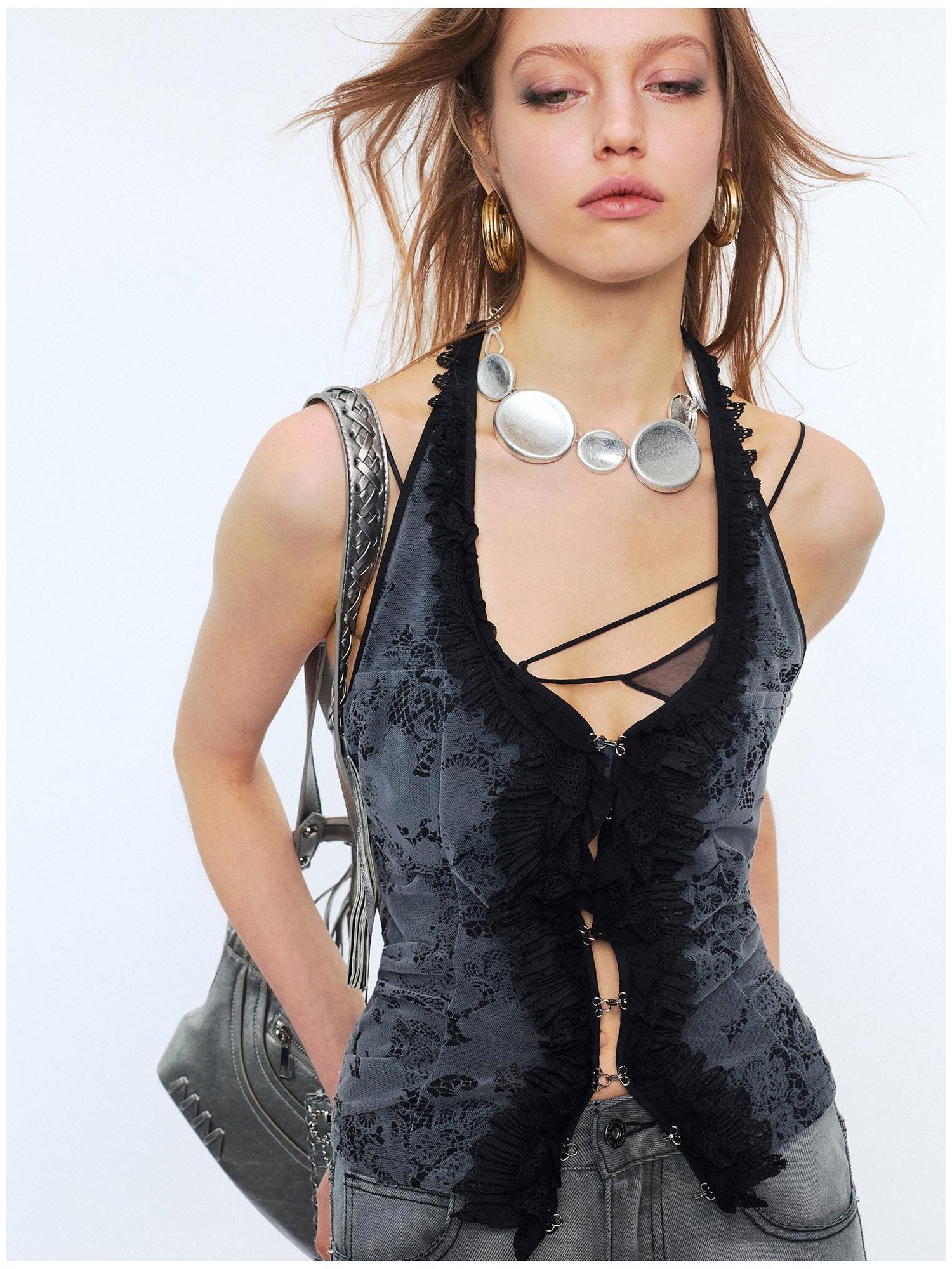 2th Desire Lace Halter Slim Fit U Neck Cropped Zipper Micro Stretch Black Gray Tank Tops