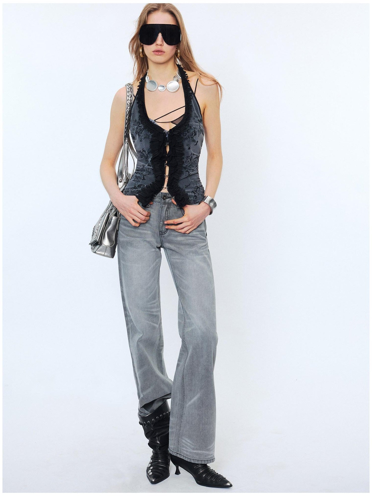 2th Desire Lace Halter Slim Fit U Neck Cropped Zipper Micro Stretch Black Gray Tank Tops
