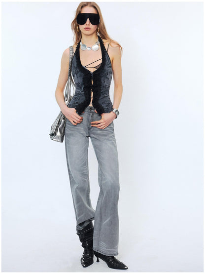 2th Desire Lace Halter Slim Fit U Neck Cropped Zipper Micro Stretch Black Gray Tank Tops