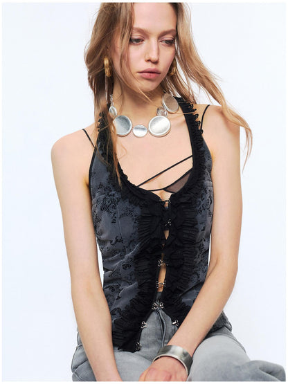 2th Desire Lace Halter Slim Fit U Neck Cropped Zipper Micro Stretch Black Gray Tank Tops