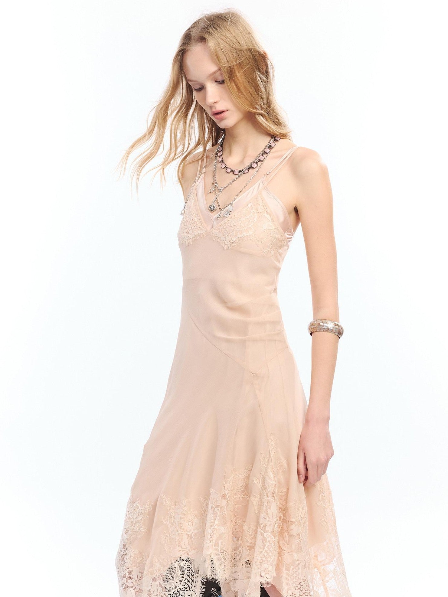 2th Desire Lace Hem Layered Asymmetric V-neck Camisole Women&