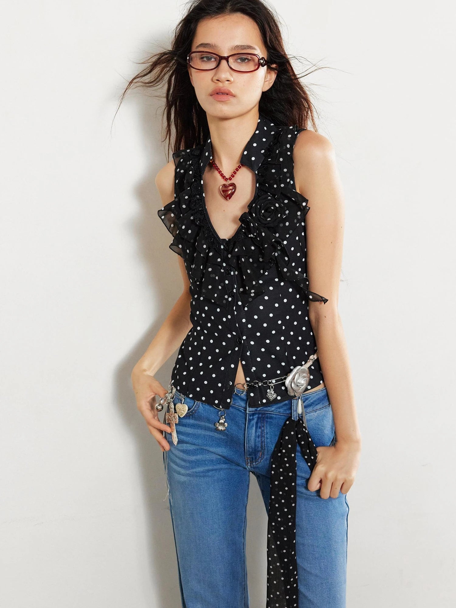 Lace Love Embroidered Polka Dot Rose Backless Vest