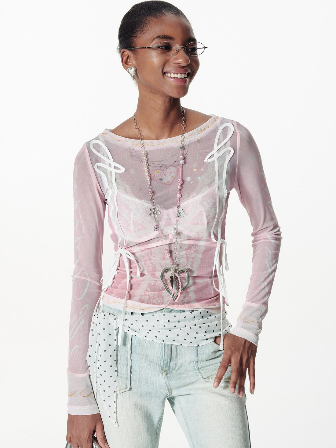 2th Desire Lace Mesh Neckline Printed Sheer Sunshade Long Sleeve T-Shirt