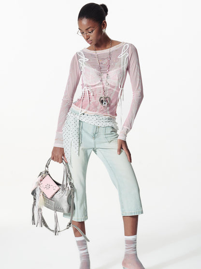 2th Desire Lace Mesh Neckline Printed Sheer Sunshade Long Sleeve T-Shirt