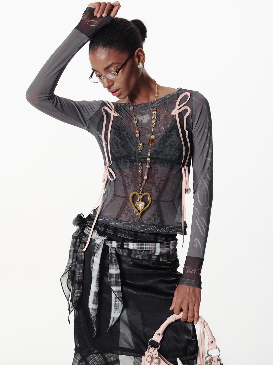 2th Desire Lace Mesh Neckline Printed Sheer Sunshade Long Sleeve T-Shirt