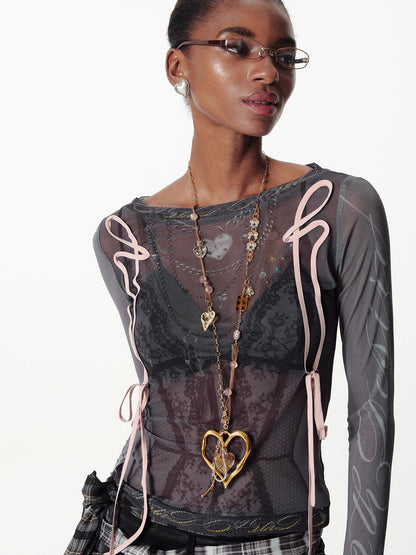 2th Desire Lace Mesh Neckline Printed Sheer Sunshade Long Sleeve T-Shirt