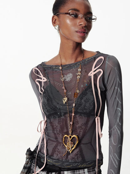 Lace Mesh Neckline Printed Sheer Sunshade Long Sleeve T-Shirt