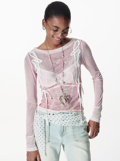 2th Desire Lace Mesh Neckline Printed Sheer Sunshade Long Sleeve T-Shirt