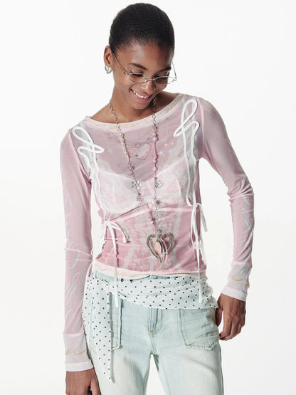 Lace Mesh Neckline Printed Sheer Sunshade Long Sleeve T-Shirt