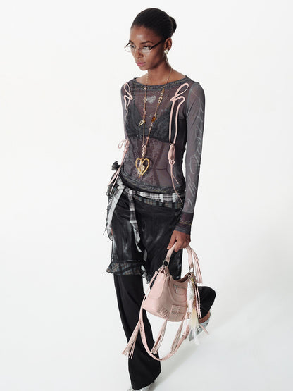 2th Desire Lace Mesh Neckline Printed Sheer Sunshade Long Sleeve T-Shirt