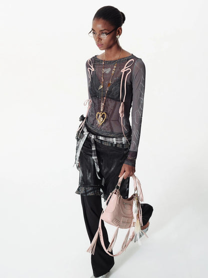 Lace Mesh Neckline Printed Sheer Sunshade Long Sleeve T-Shirt