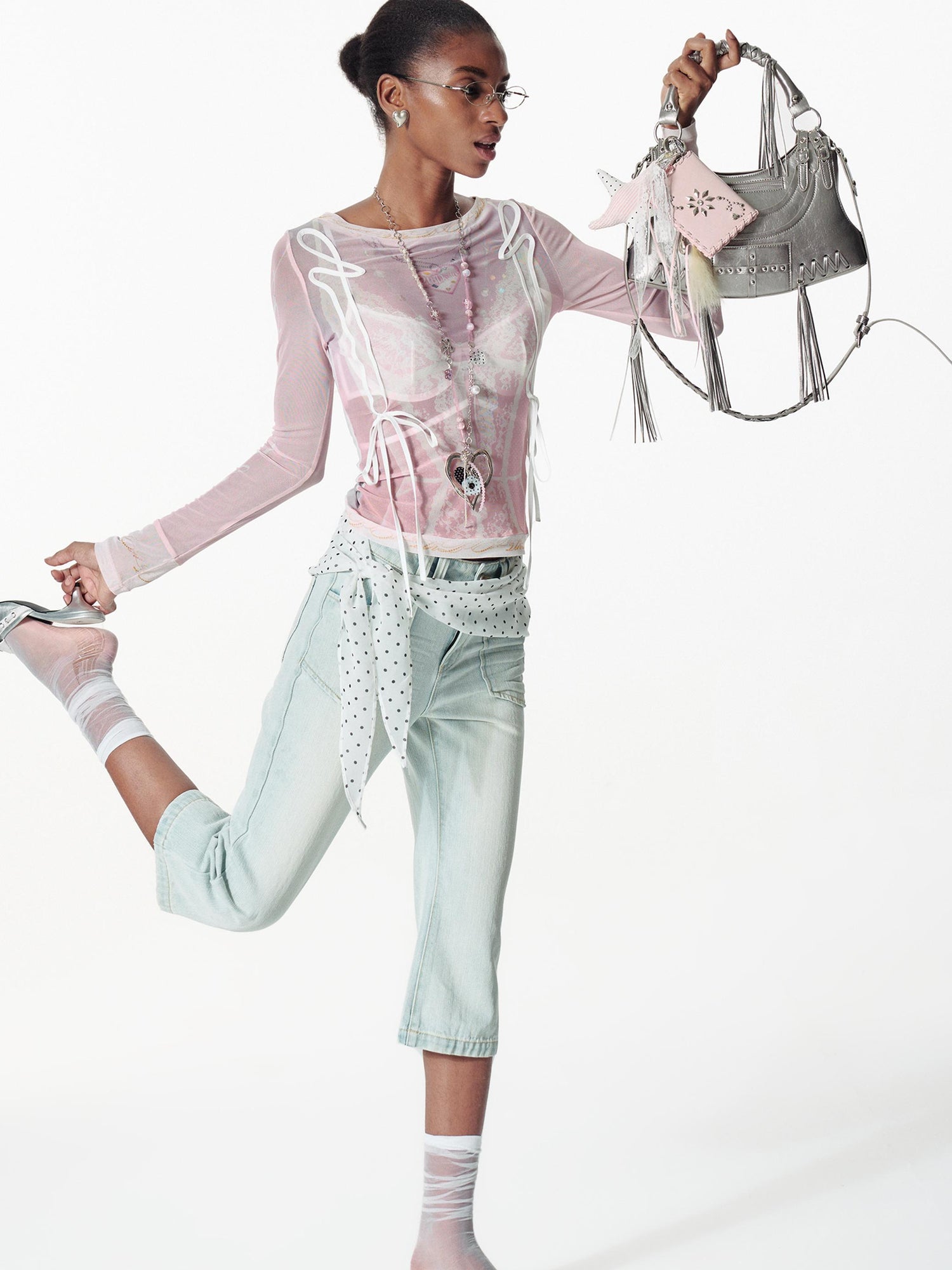 2th Desire Lace Mesh Neckline Printed Sheer Sunshade Long Sleeve T-Shirt