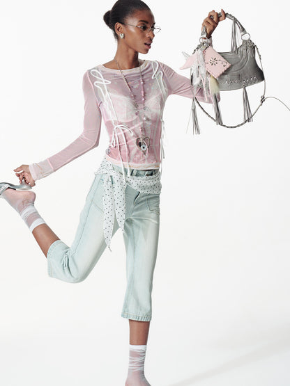 2th Desire Lace Mesh Neckline Printed Sheer Sunshade Long Sleeve T-Shirt