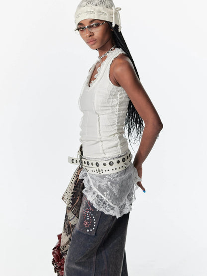 Lace Patchwork Layered Mesh Skirt With Ties