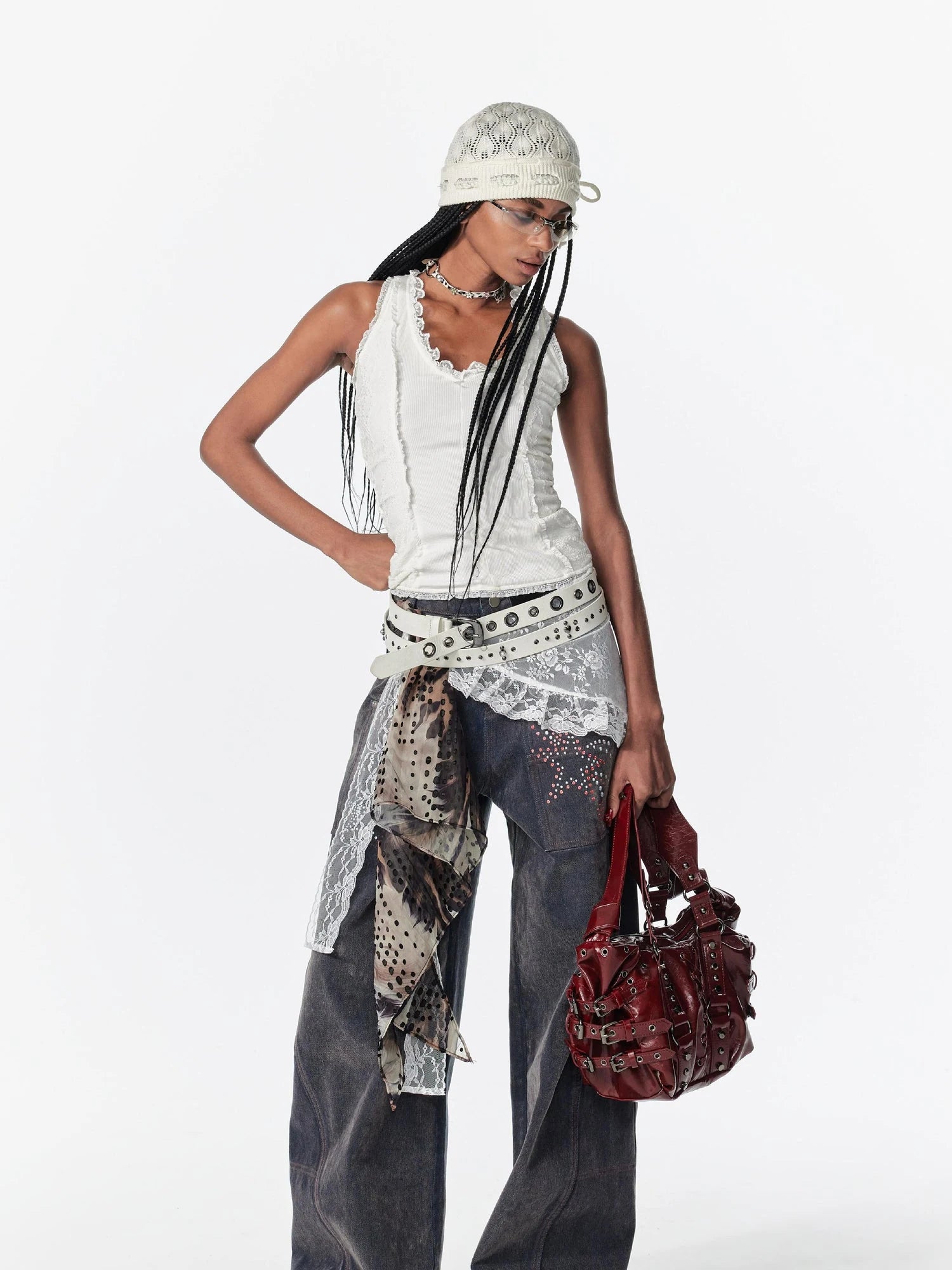 Lace Patchwork Layered Mesh Skirt With Ties