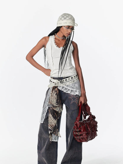 Lace Patchwork Layered Mesh Skirt With Ties