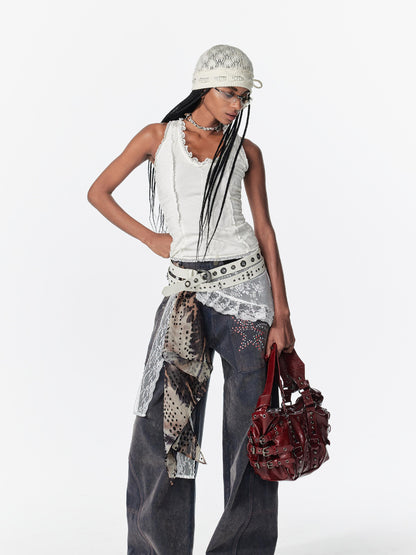 2th Desire Lace Patchwork Layered Mesh Skirt With Ties